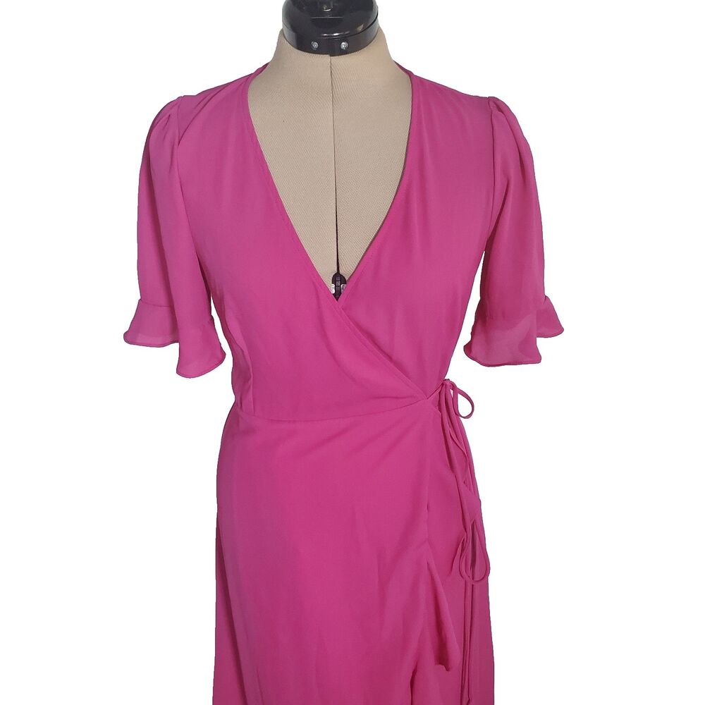 Lulu's Women’s Wrap Dress Size XS Hot Pink Ruffle Flowy High Low Short Sleeve - Picture 3 of 12